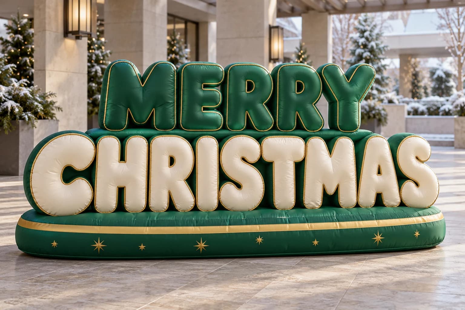 Original MERRY CHRISTMAS inflatable sign concept with forest-green and ivory letters and gold trim