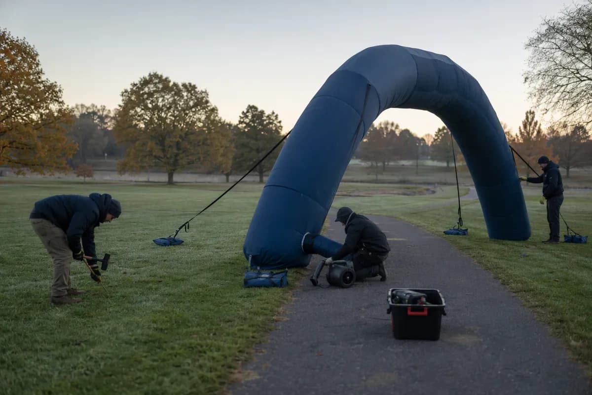 Crew installing an inflatable arch for a holiday event with anchoring review