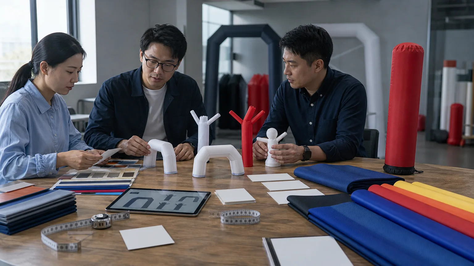 Procurement team comparing unbranded custom inflatable samples, materials and project requirements