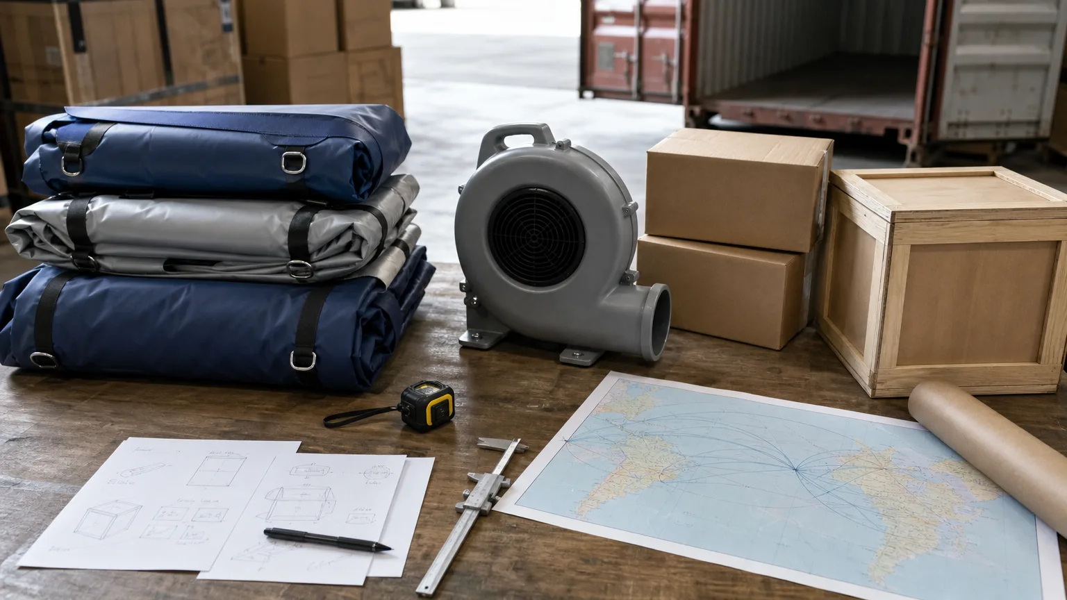 Inflatable project materials, blower and packaging arranged for cost and shipping planning