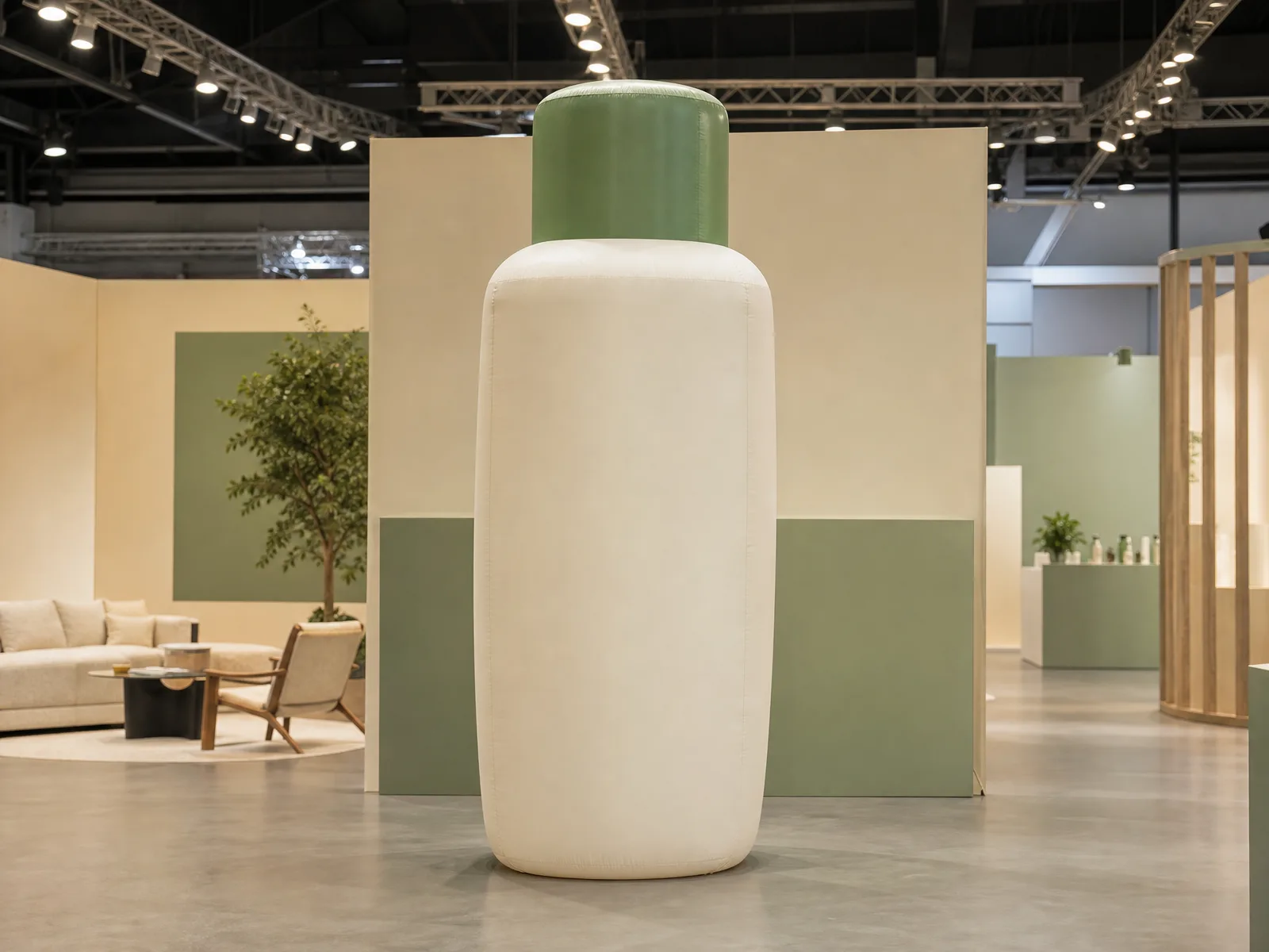 Skincare bottle inflatable replica showing seam quality in trade show booth