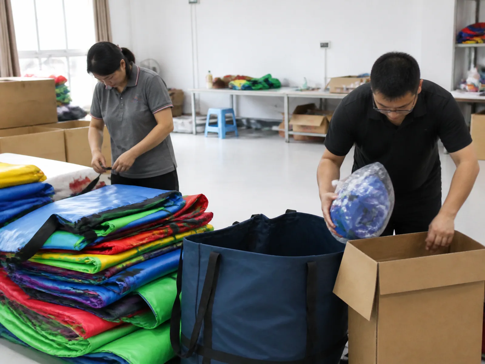 Chinese workshop staff organizing and packing folded inflatable fabric and blowers