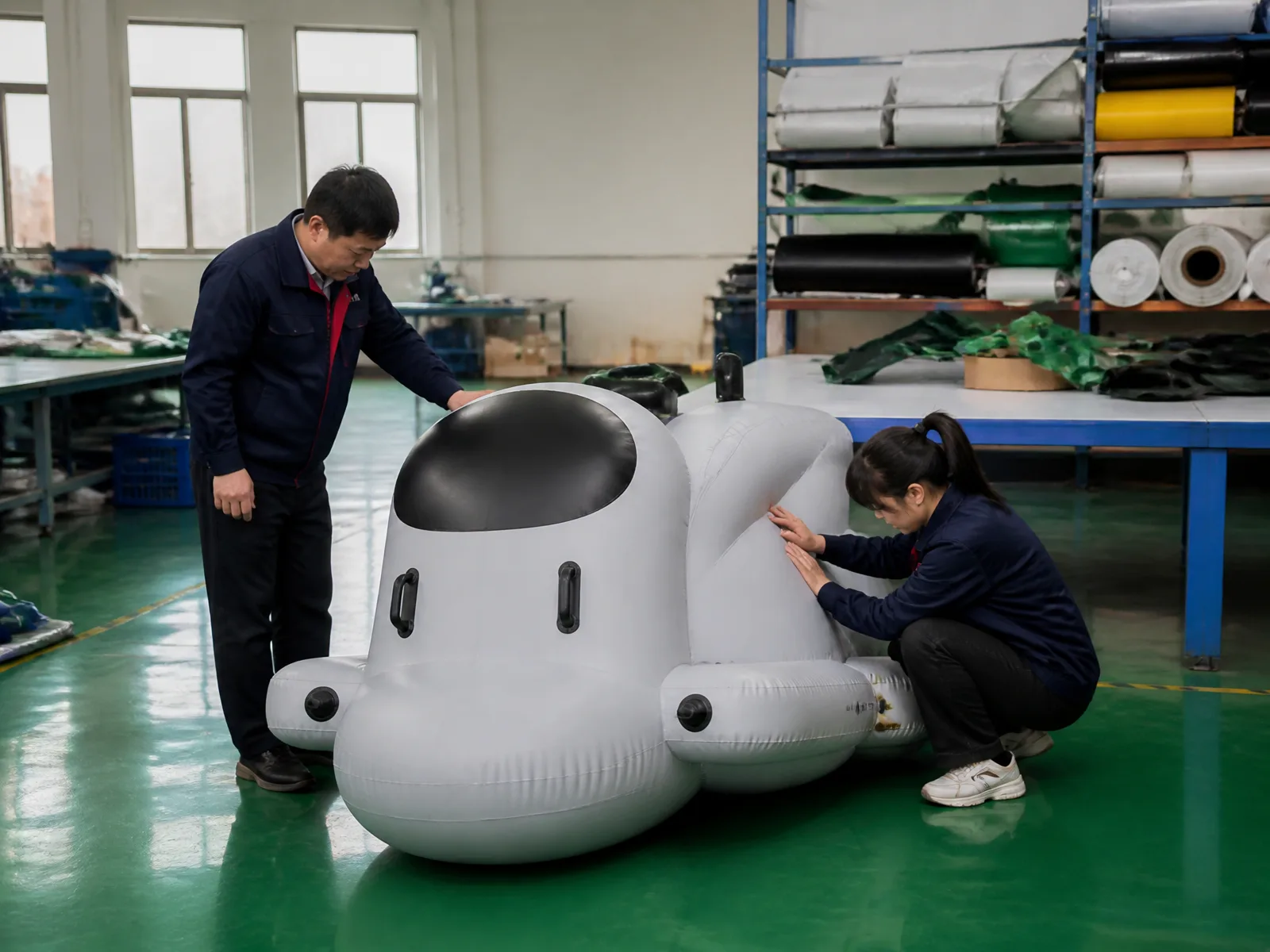 Chinese factory staff inspecting a custom-shaped inflatable product in a workshop