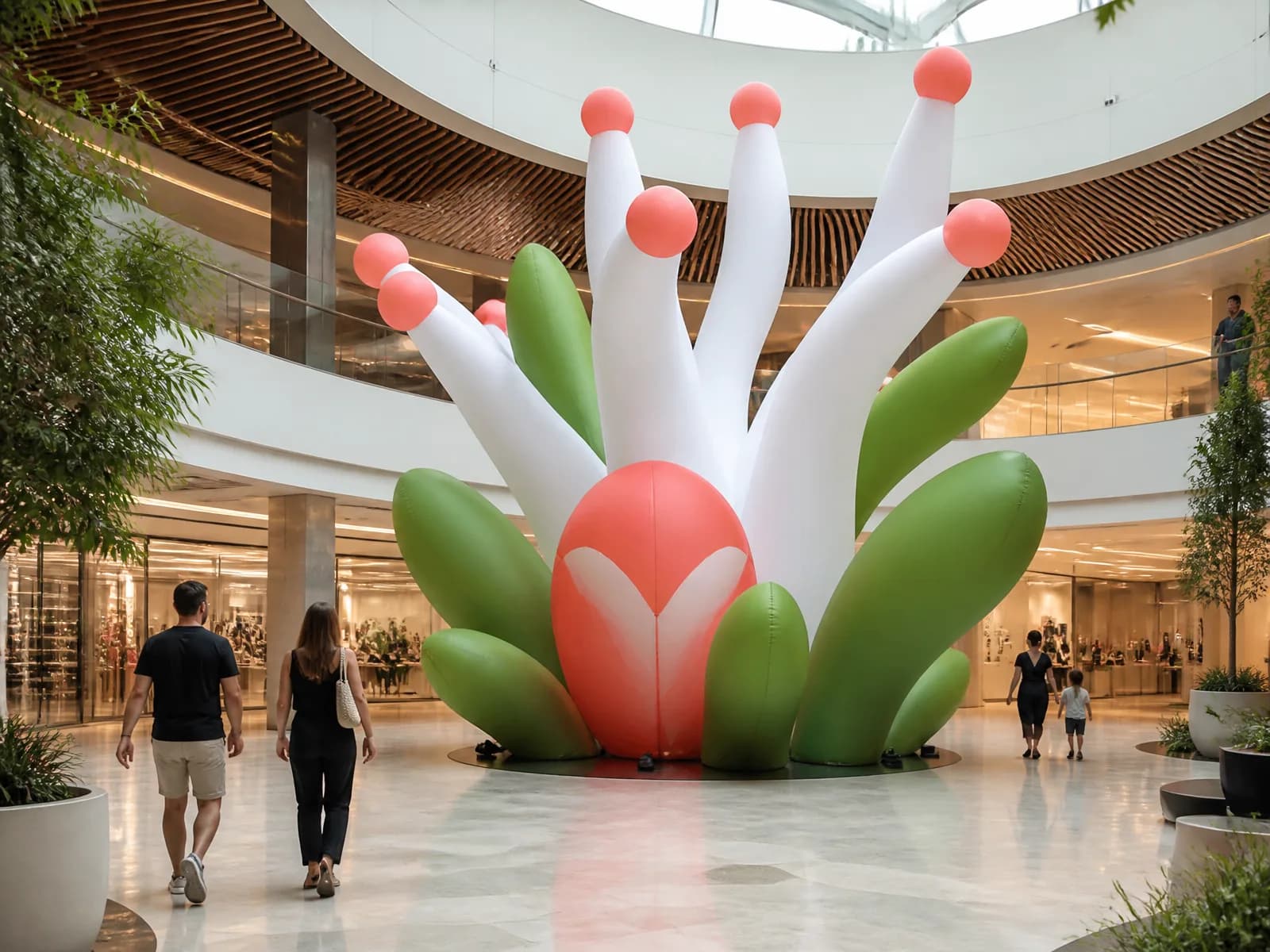 Plant-shaped inflatable sculpture in a shopping mall atrium