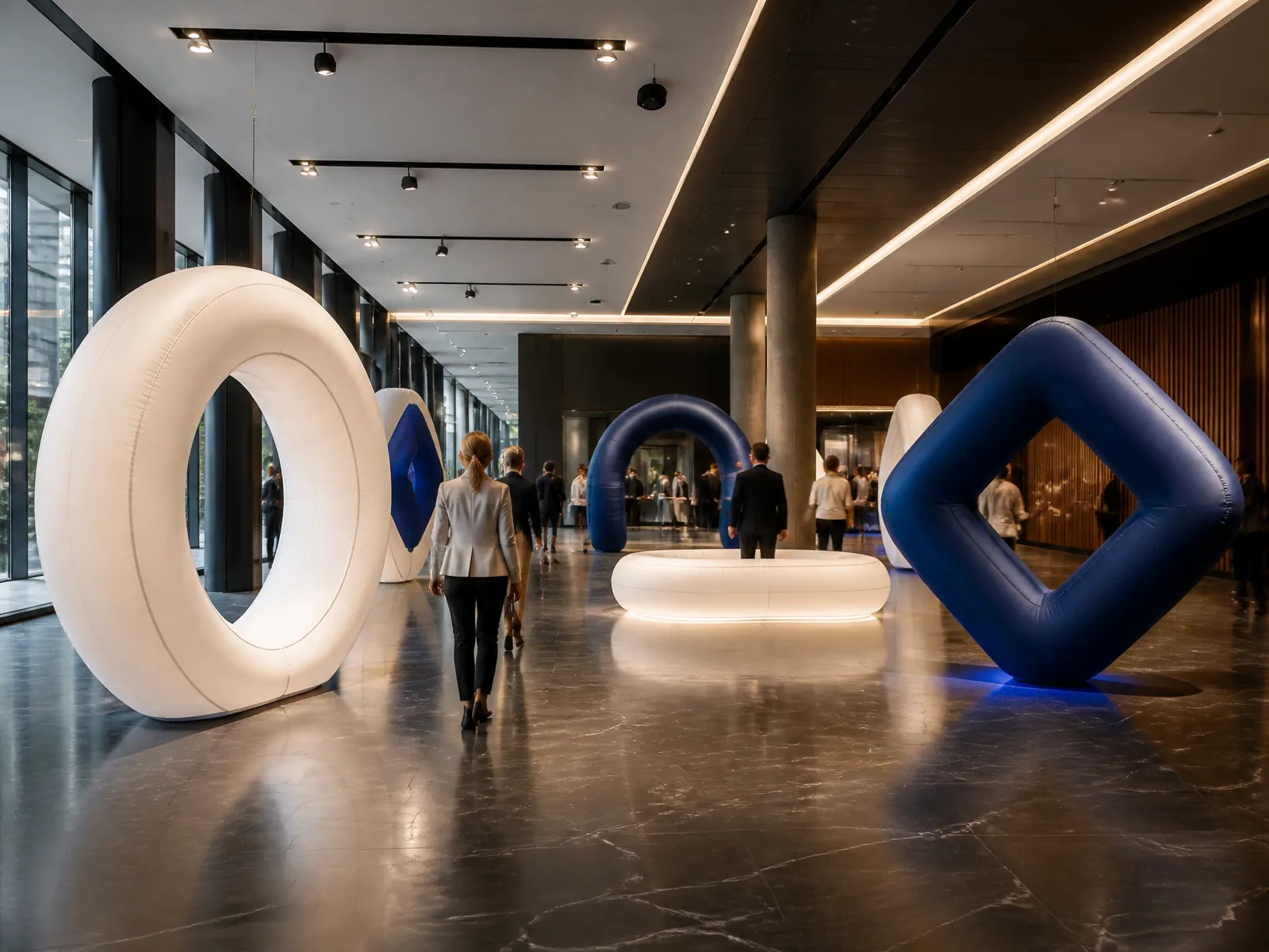 Detailed view of geometric inflatable installations and visitor flow in corporate space
