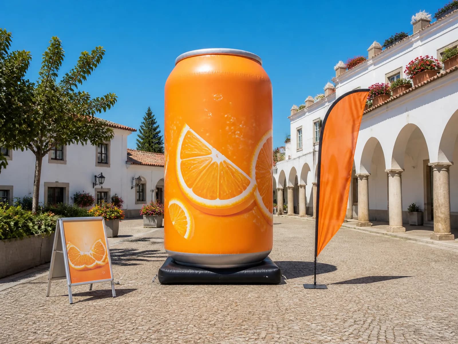 Close-up of inflatable soda can replica and citrus sculpture in a retail courtyard