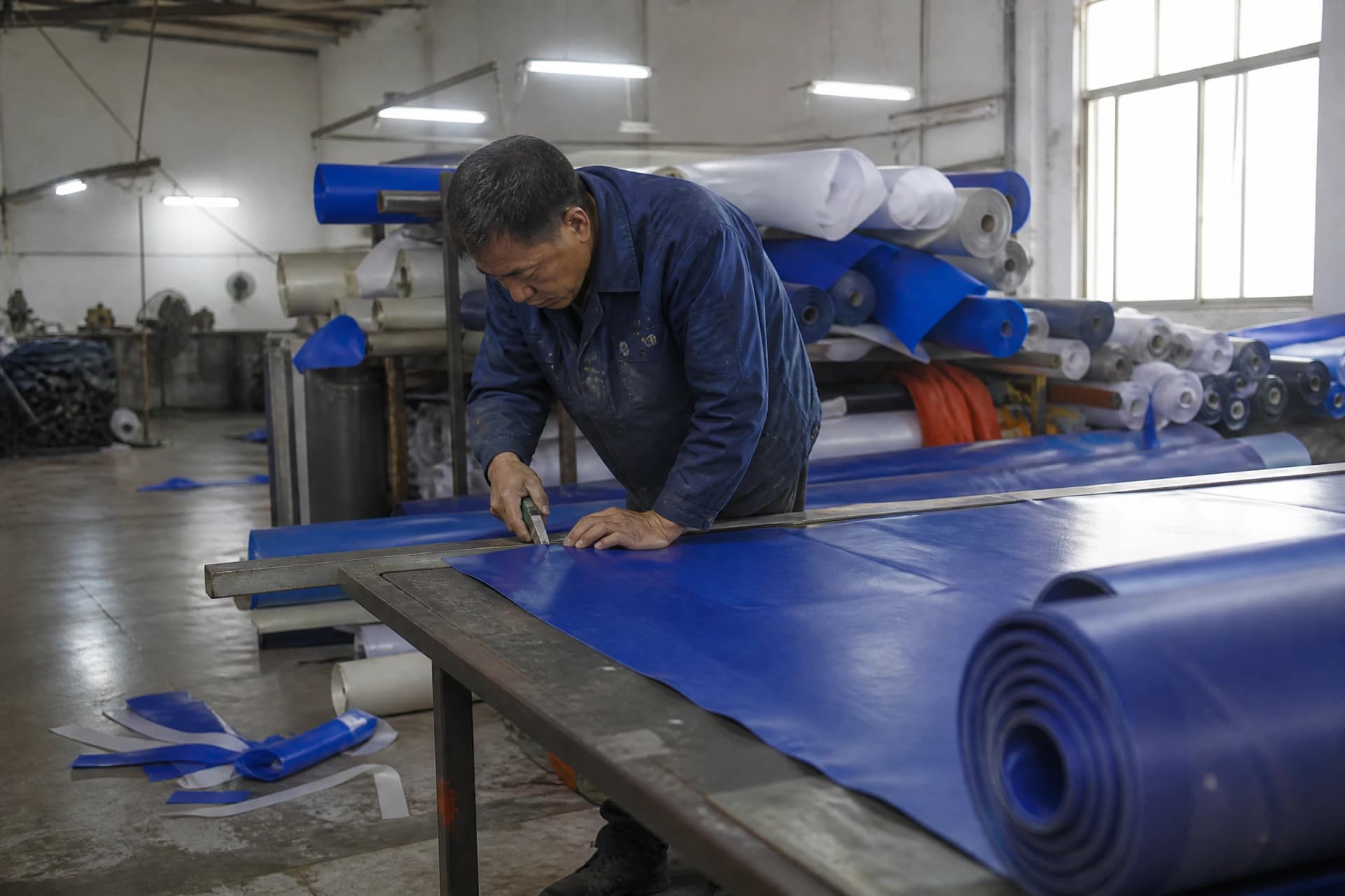 Inflatable manufacturing workshop with PVC cutting in progress