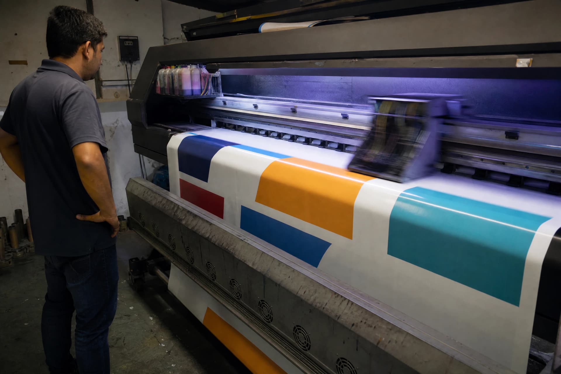 Wide-format printer applying ink to PVC material in a production room