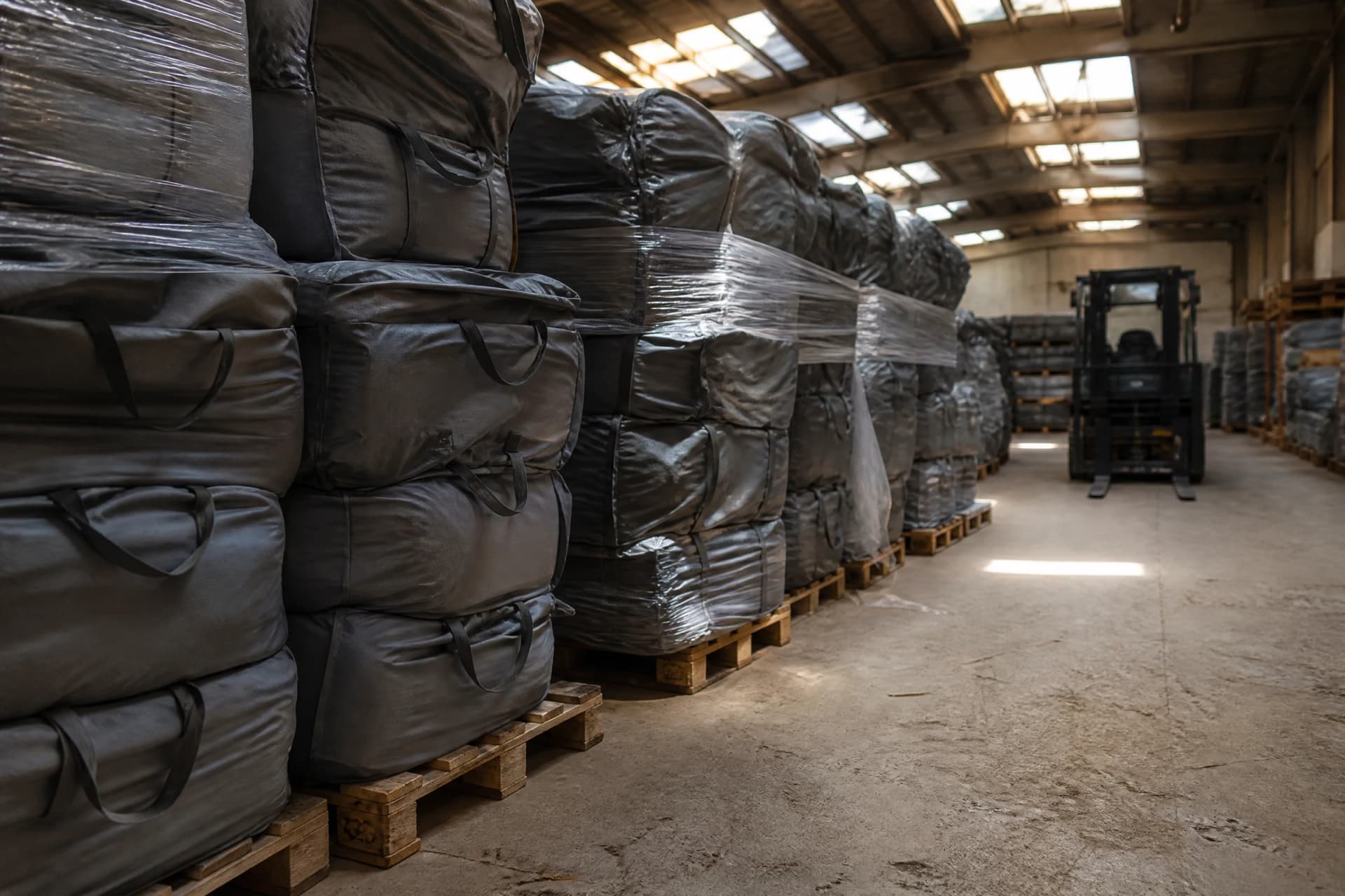 Folded inflatable products arranged in a warehouse aisle for dispatch review