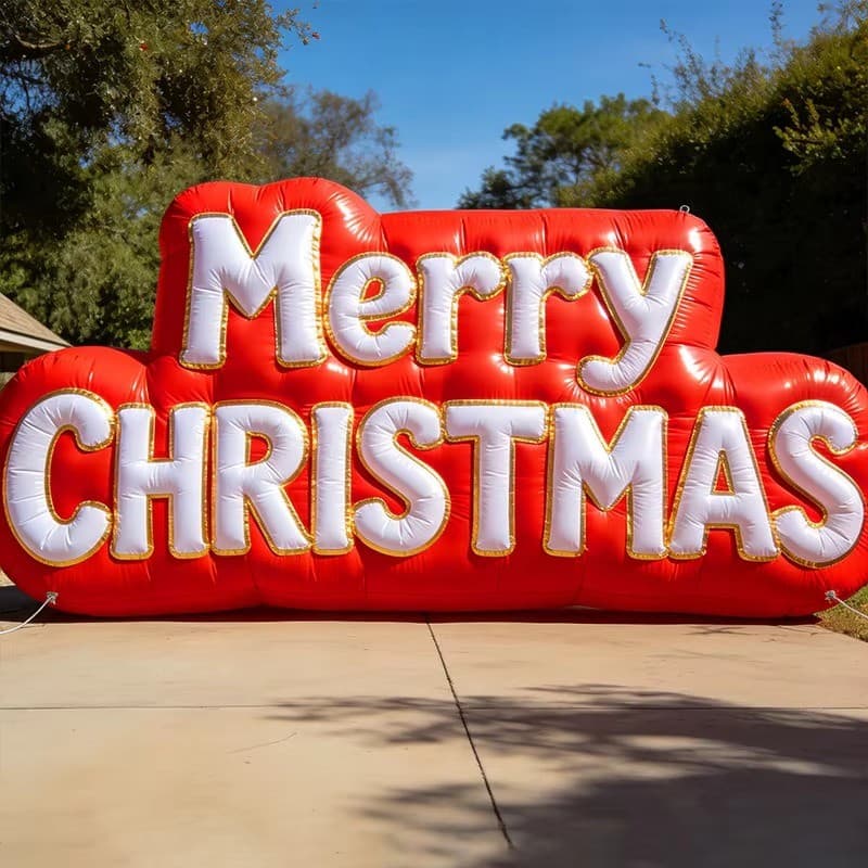 Close up view of inflatable Merry Christmas sign stitching and fabric | InflatCustom