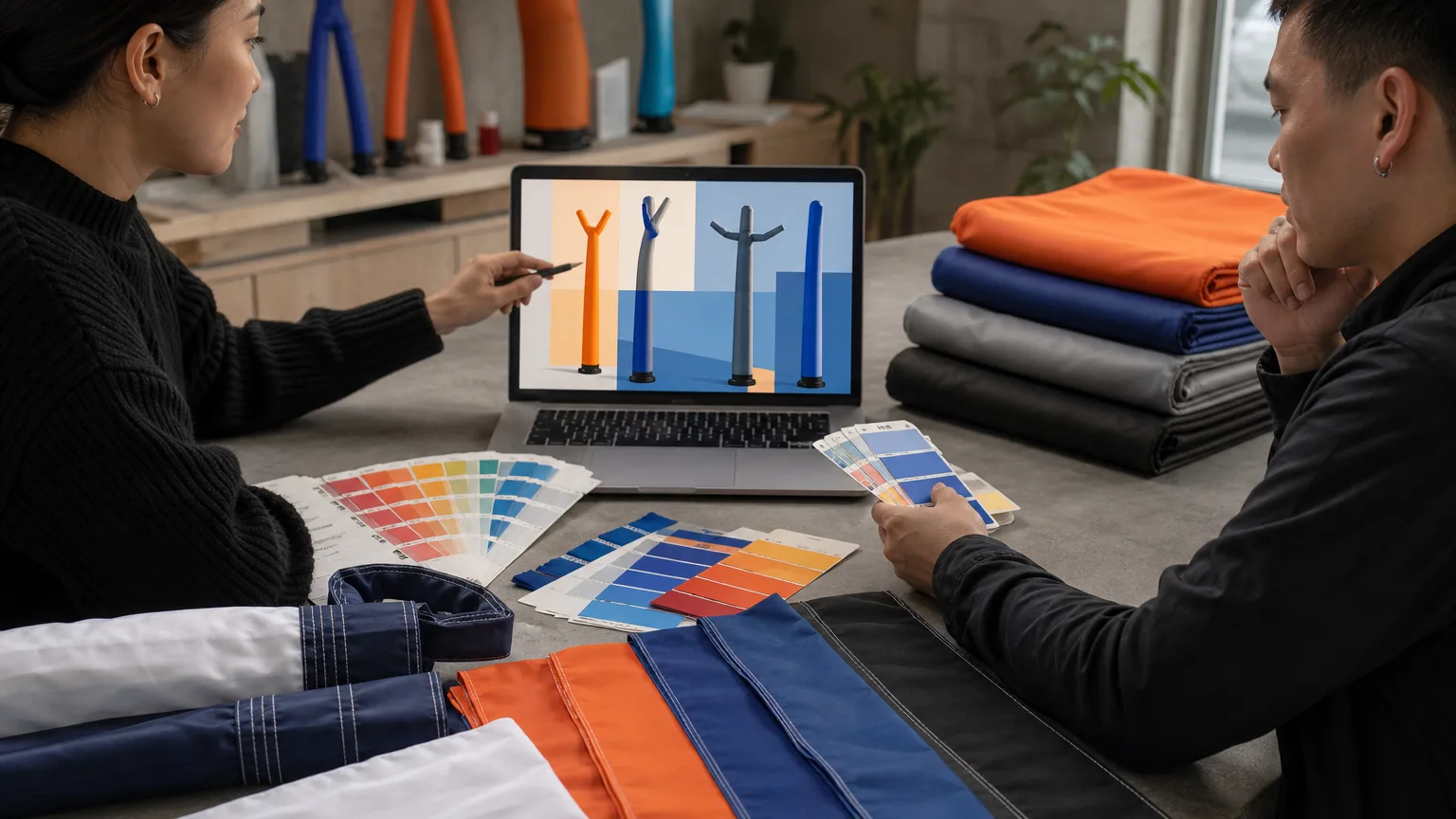 Design team reviewing abstract artwork, fabric samples and a custom air dancer mockup