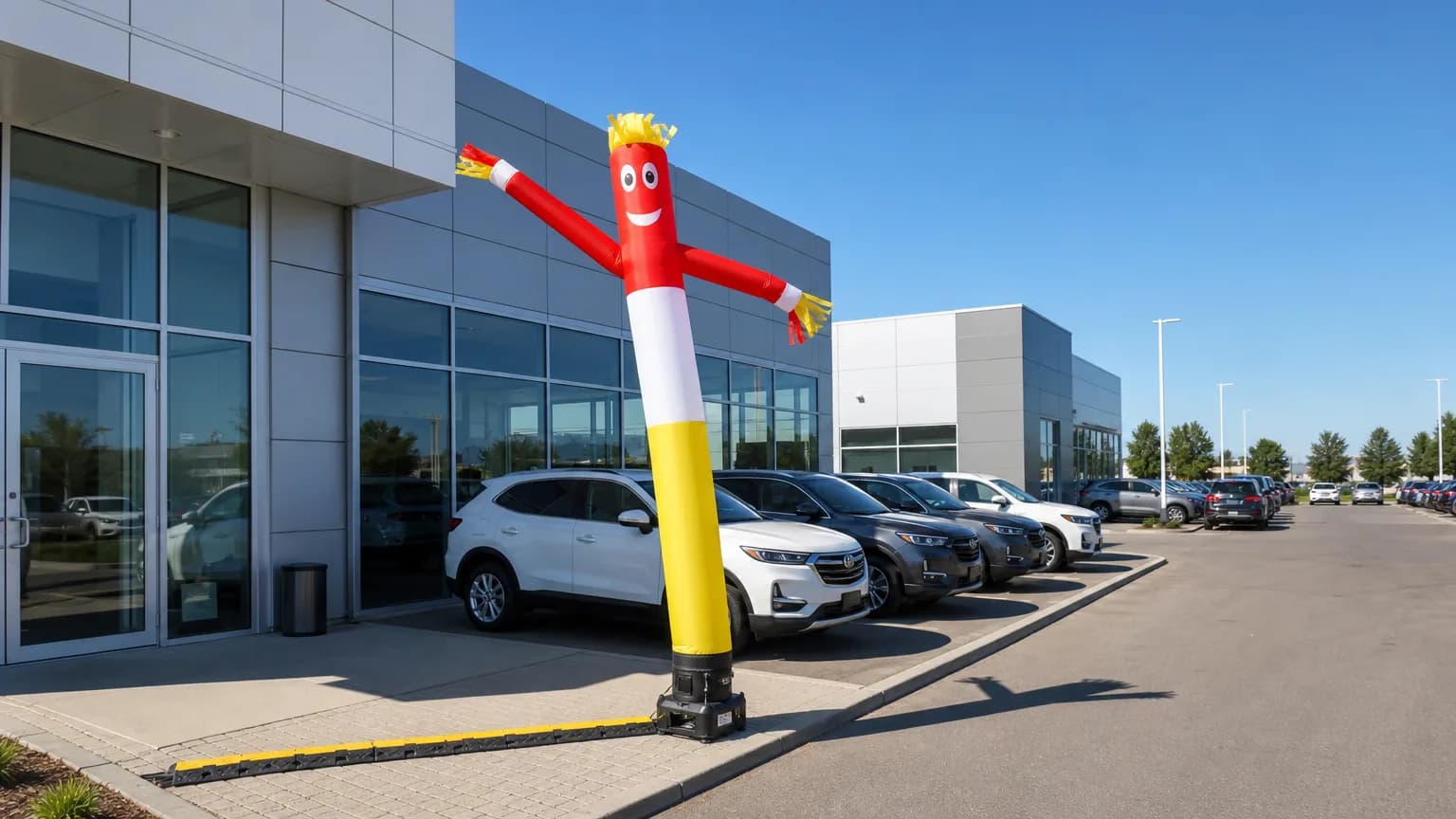 Unbranded air dancer positioned for visibility outside a vehicle retail frontage