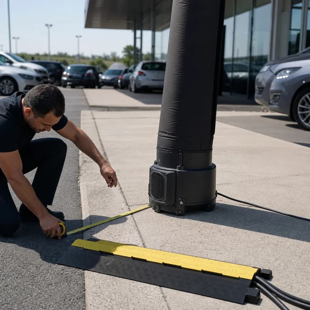 Site review of air dancer sightlines, blower placement and protected cable routing near a retail driveway