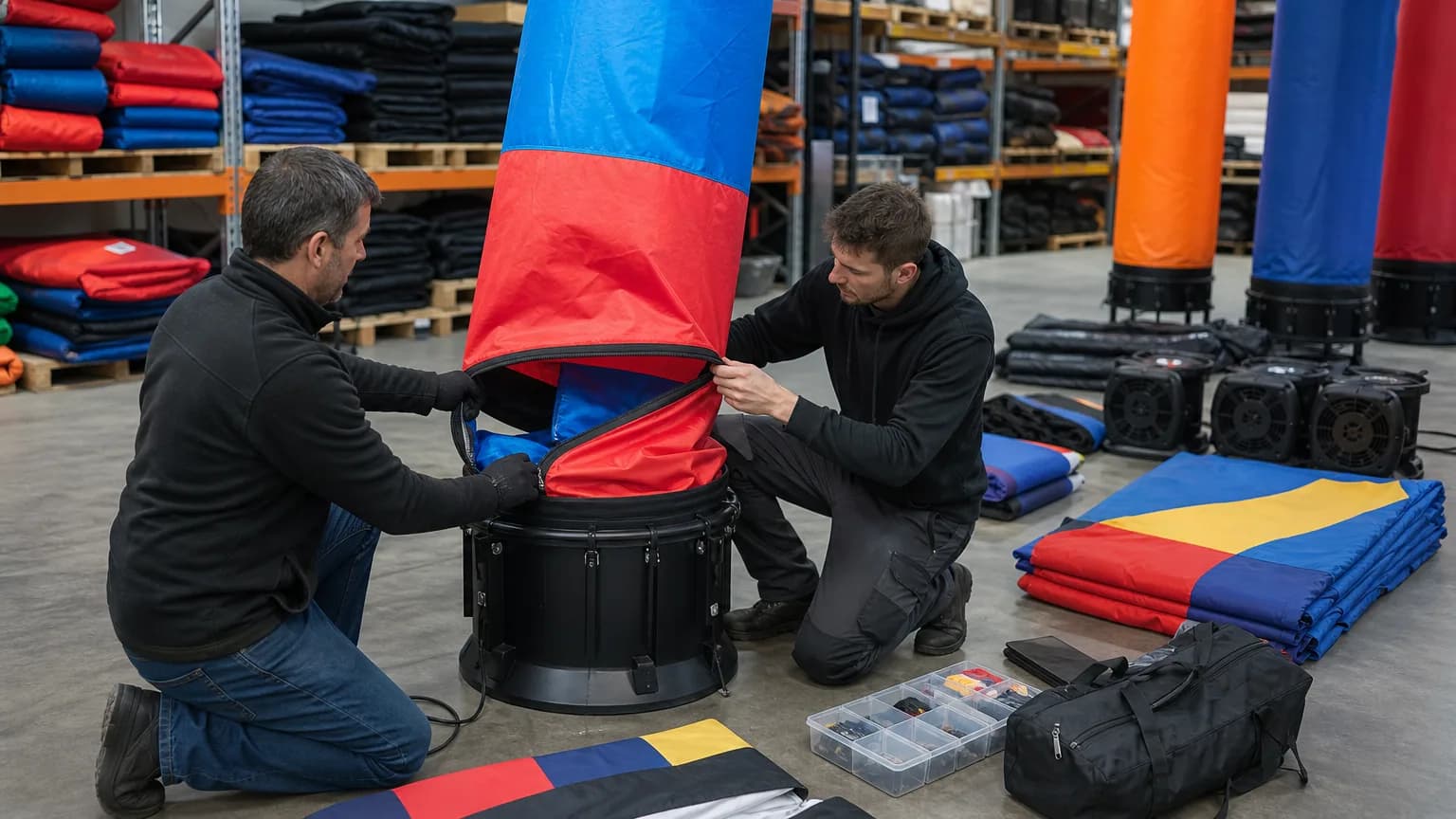 Crew preparing interchangeable unbranded air dancer fabric sleeves for reusable advertising campaigns