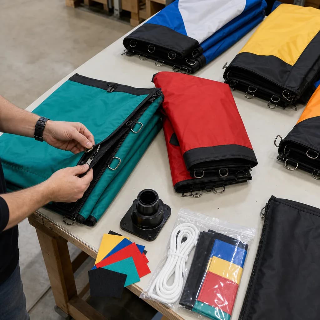 Interchangeable air dancer fabric components, reinforced connections and maintenance kit arranged for campaign reuse