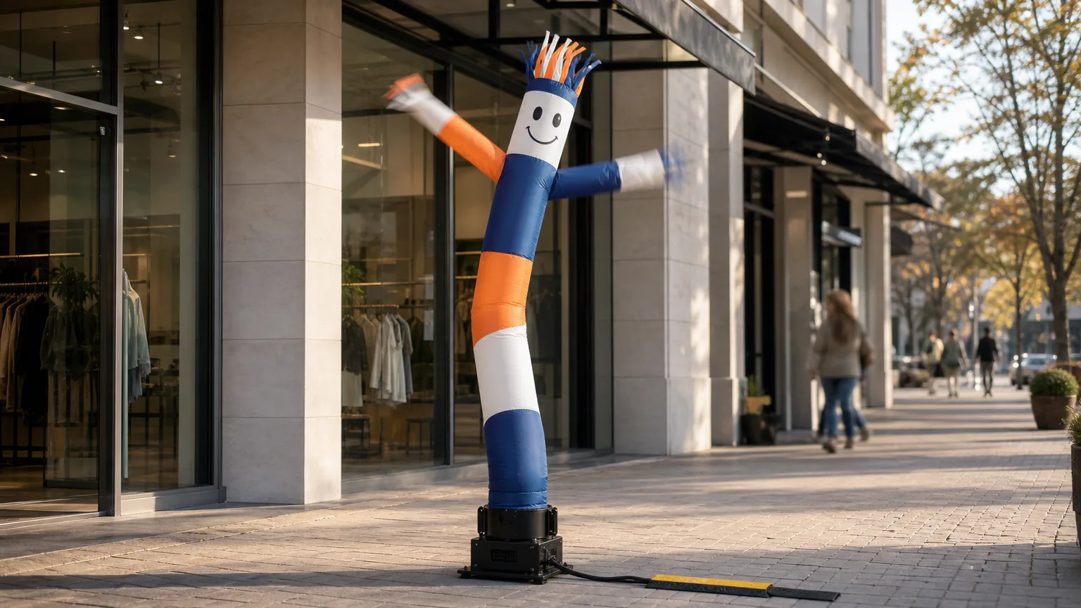 Unbranded custom air dancer operating beside a commercial entrance with a protected blower cable