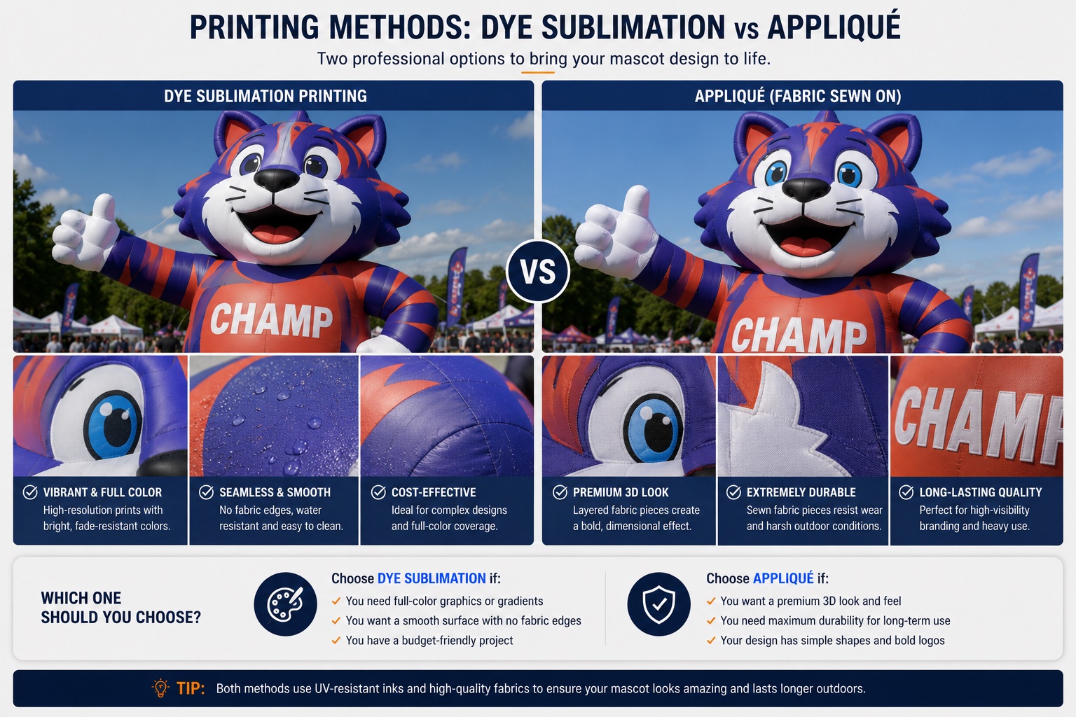 Custom inflatable cartoon mascot showing printed character colors and facial detail