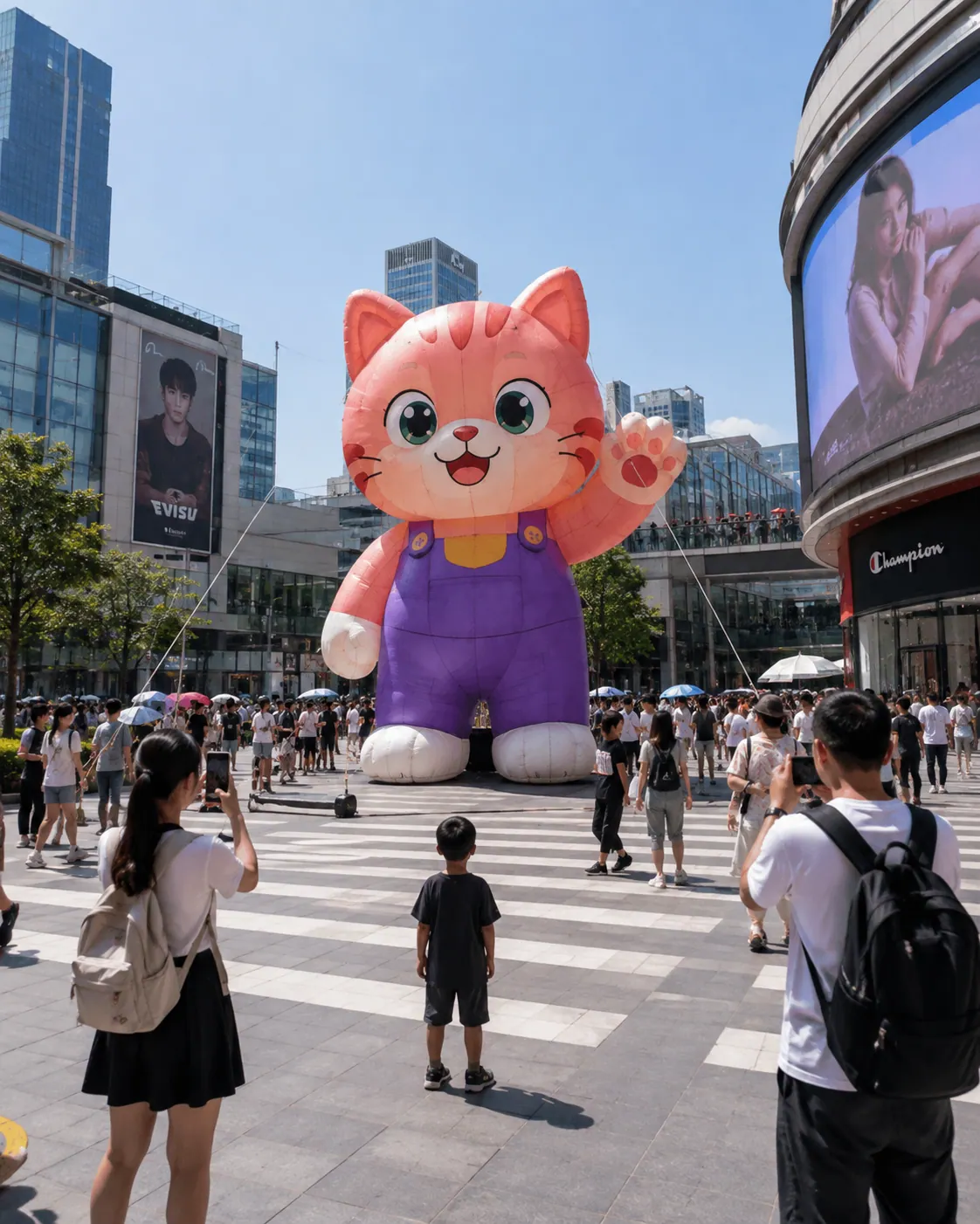 Large custom inflatable cat mascot installed in a busy urban public space