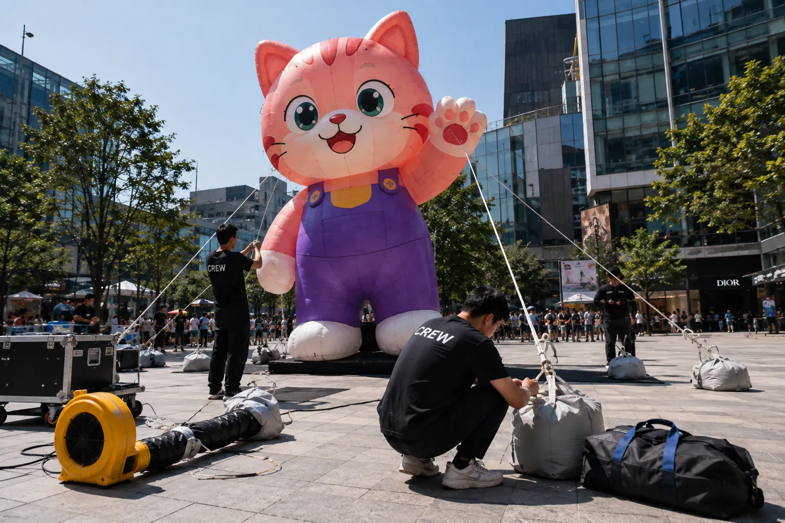 Crew installing and anchoring a giant inflatable cat mascot with blower, guy lines and ballast bags