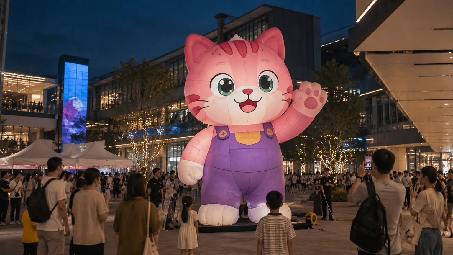 Giant inflatable cat mascot attracting visitors at a lit evening public-space event