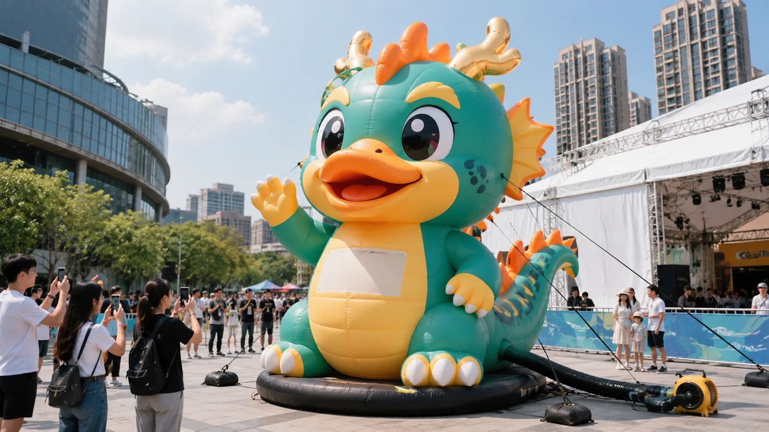 Large custom inflatable cartoon character installed in a real outdoor public space
