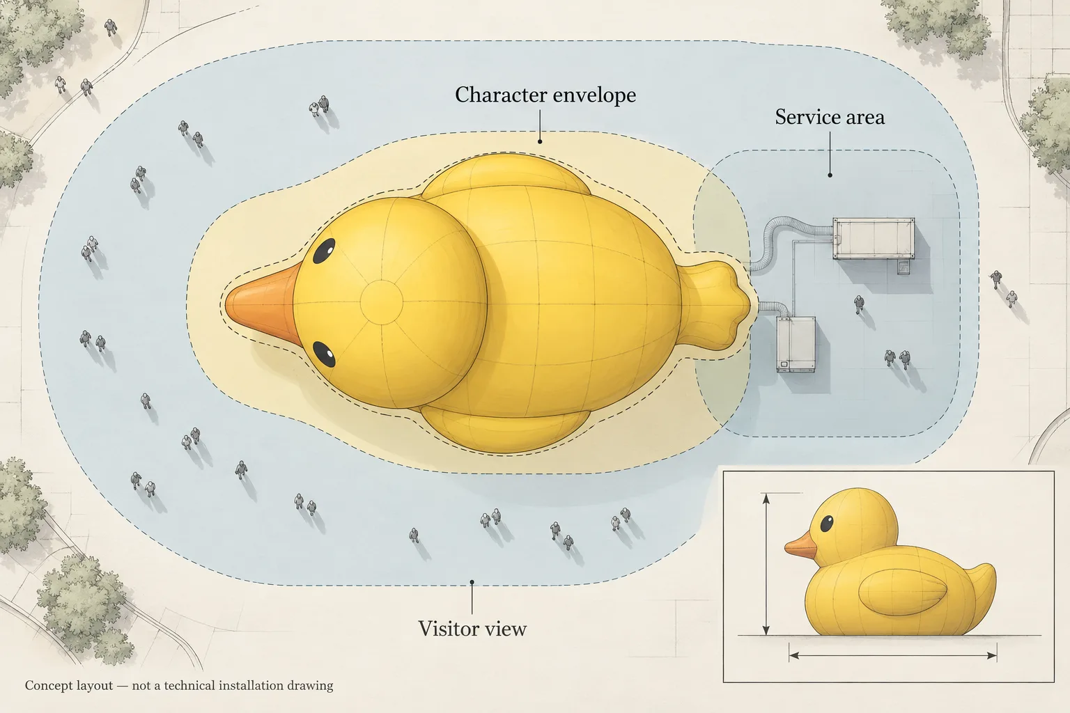 Concept diagram separating the duck envelope, service space and visitor viewing area.