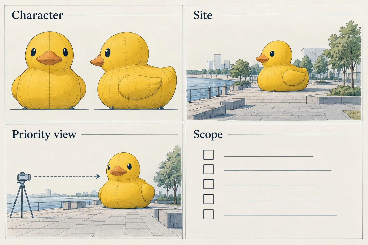Project brief diagram showing character views, site, priority viewing angle and scope.