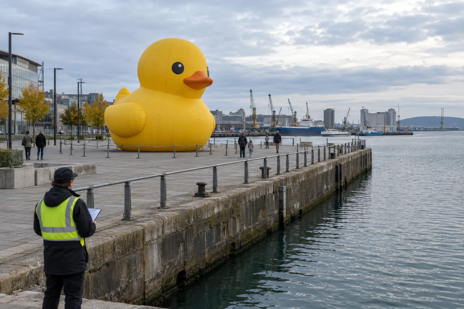 Planning illustration of a duck standing on a dry quay beside water.