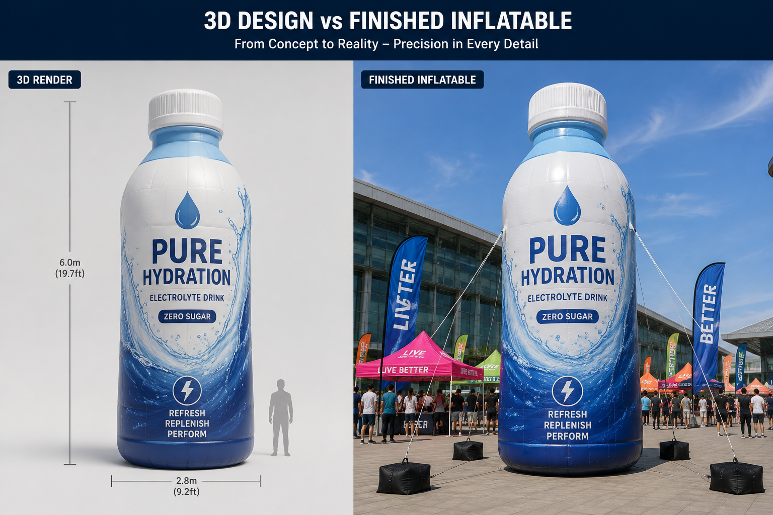 3D render compared with finished giant inflatable bottle replica