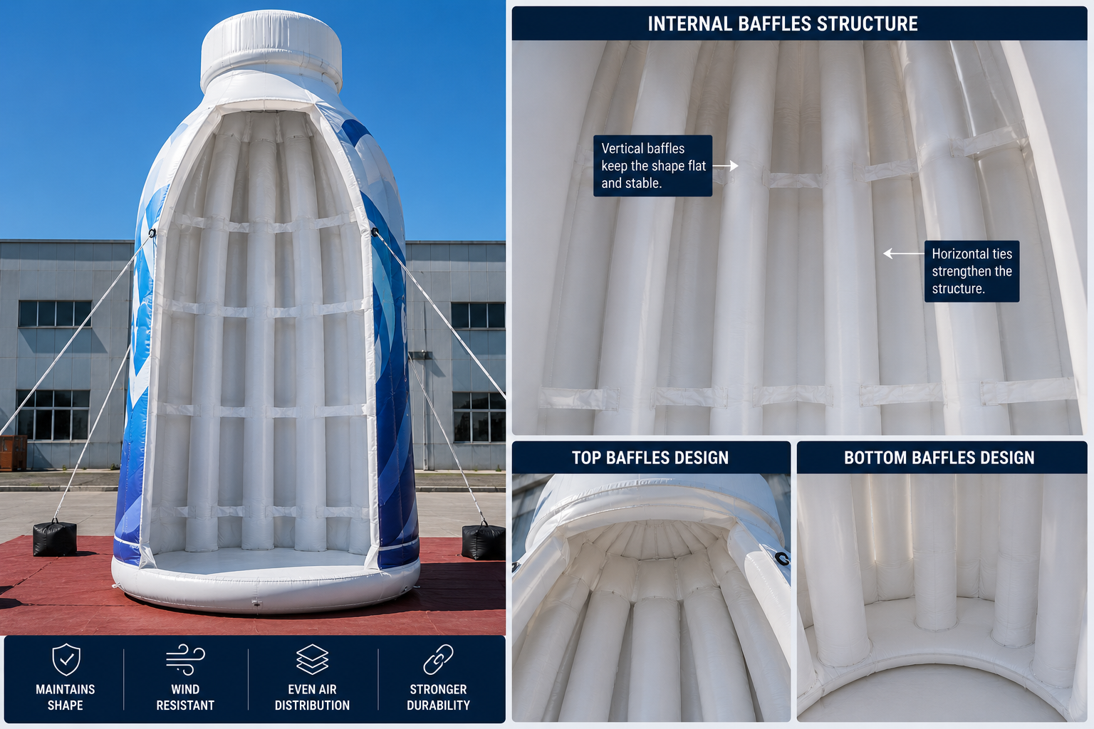 Internal baffle structure inside a giant inflatable product replica