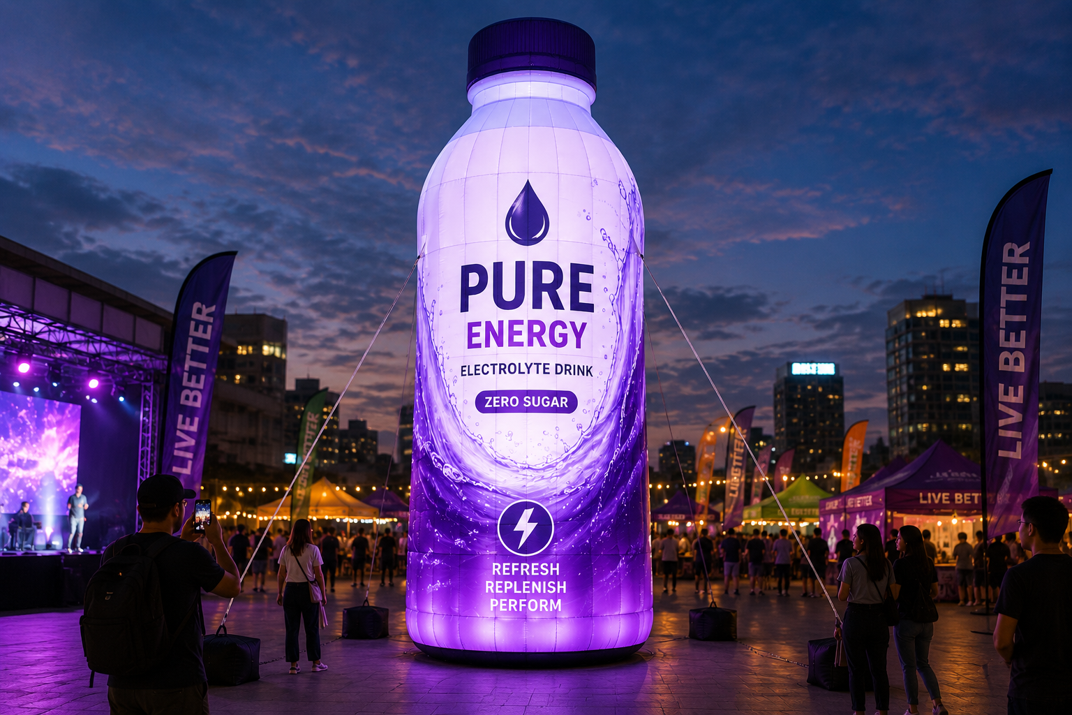 Giant inflatable product replica with internal LED lighting at dusk