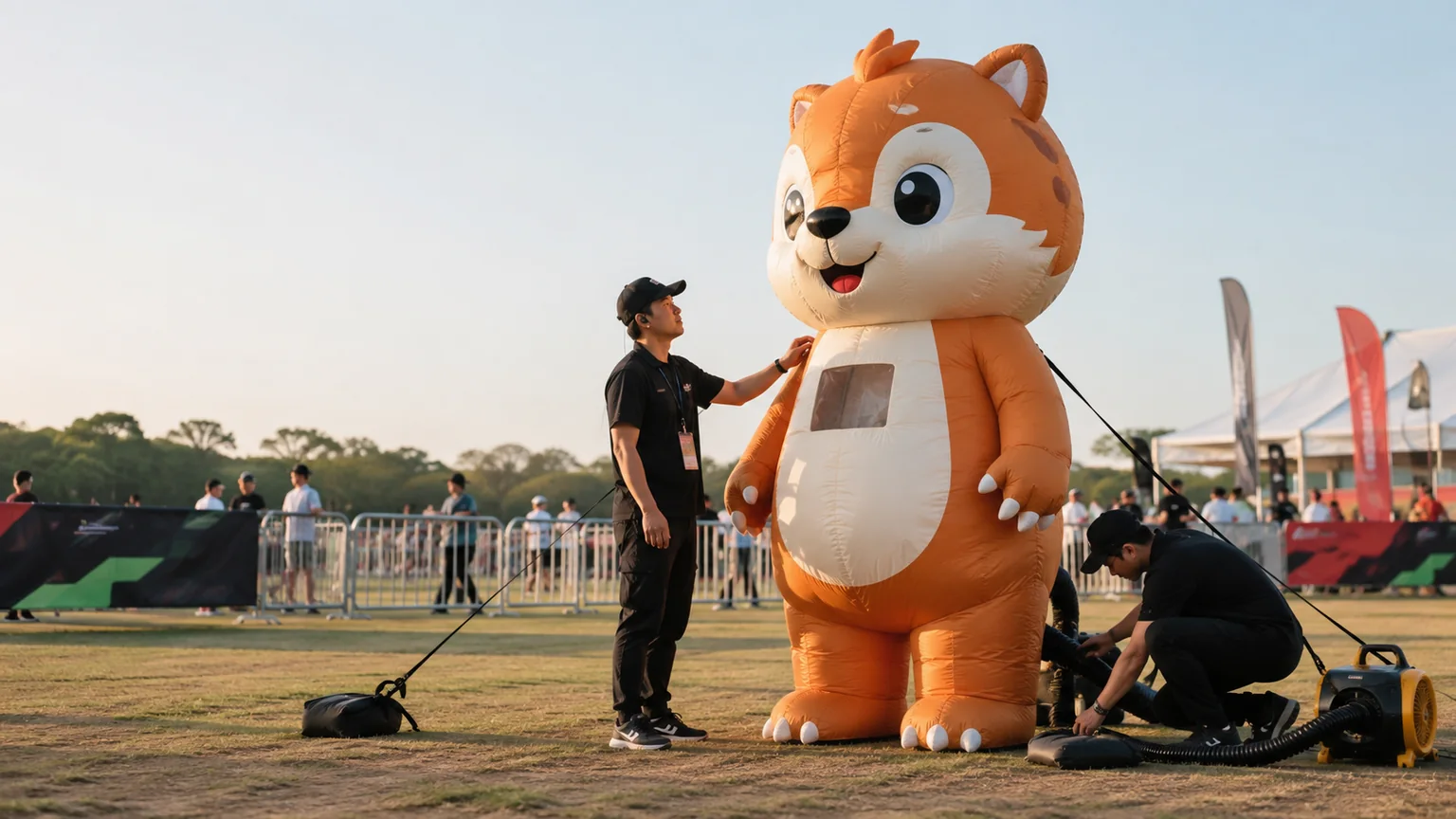 Custom inflatable mascot at an outdoor brand event with a handler planning visibility and comfort