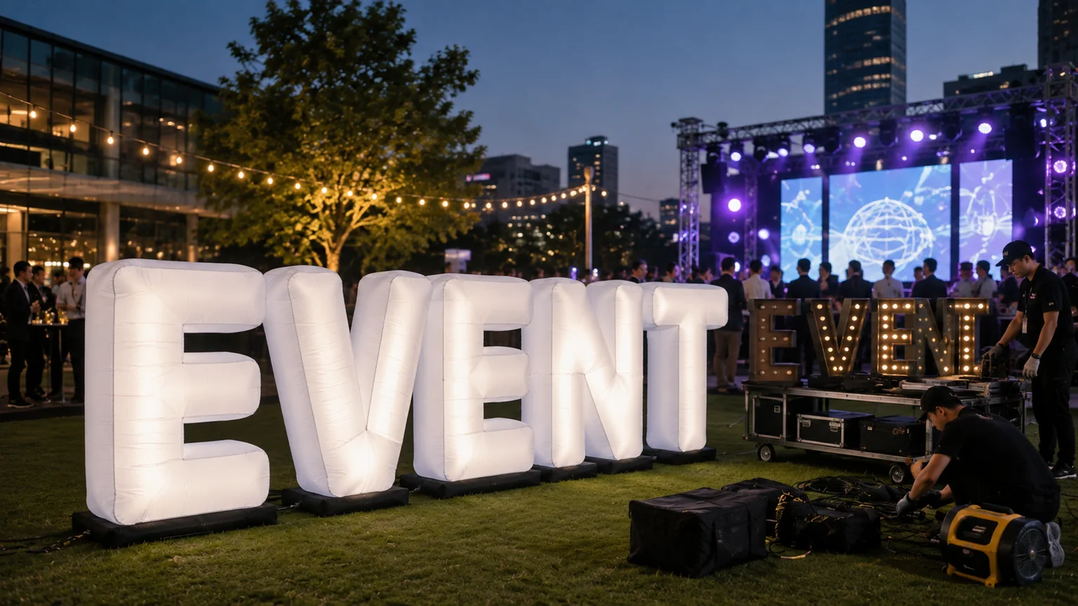LED inflatable letters compared with marquee letters at an evening event rental setup