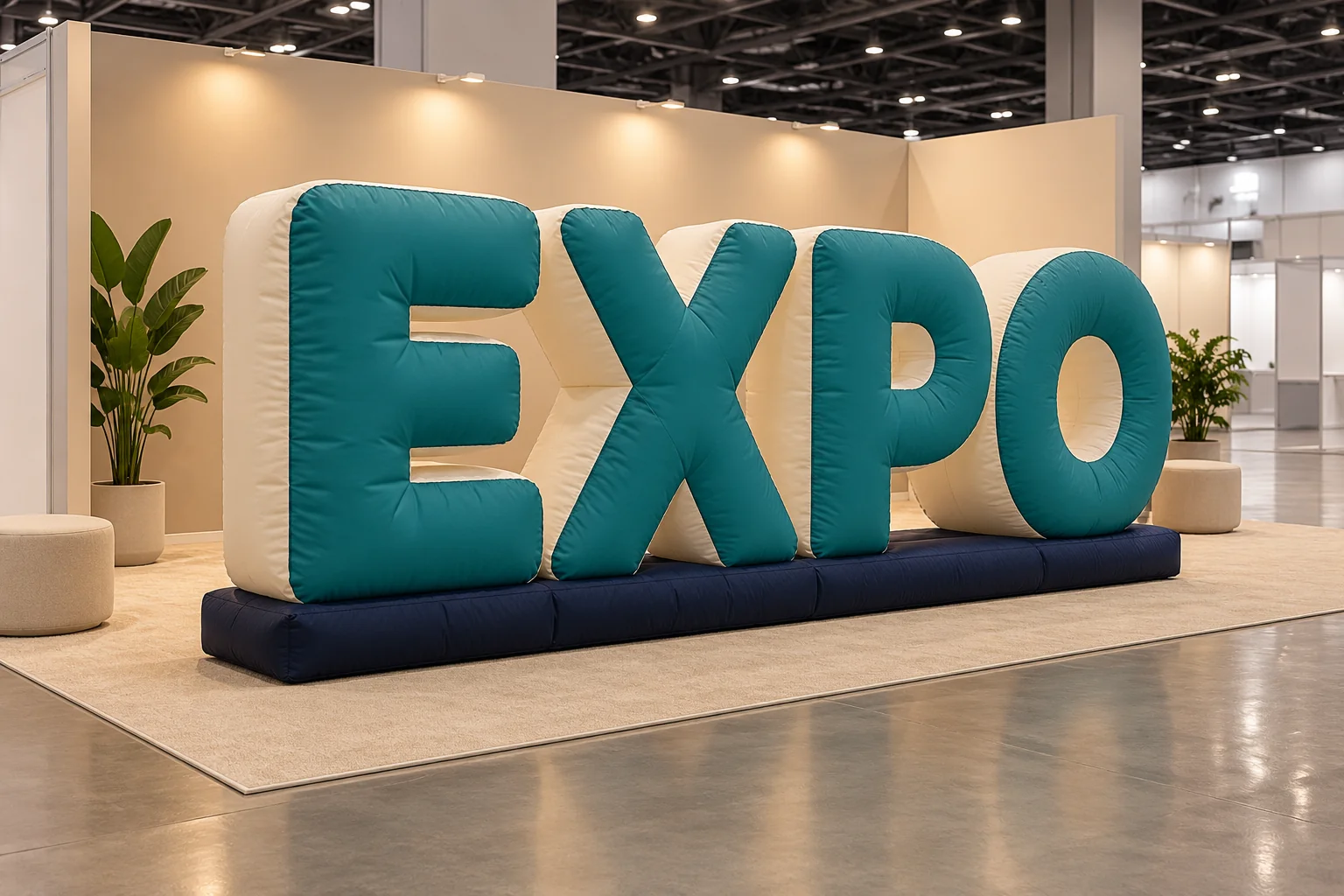 Teal EXPO inflatable letters on a shared base inside an exhibition booth