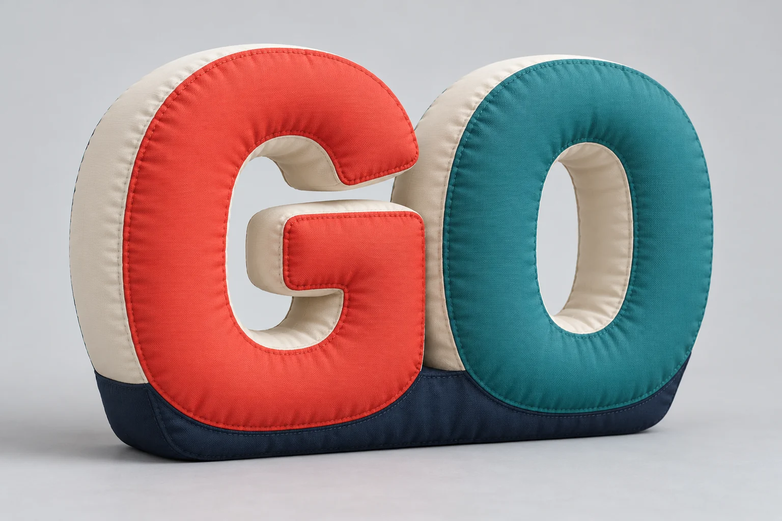 Rounded GO inflatable letters showing open counters, fabric seams and side depth