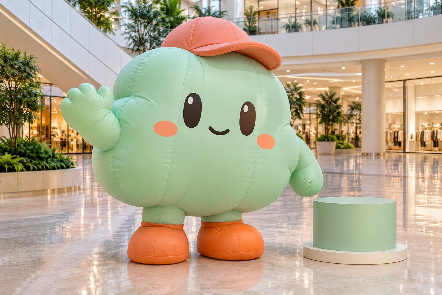 Original mint inflatable cartoon character with a coral cap and orange shoes in a mall