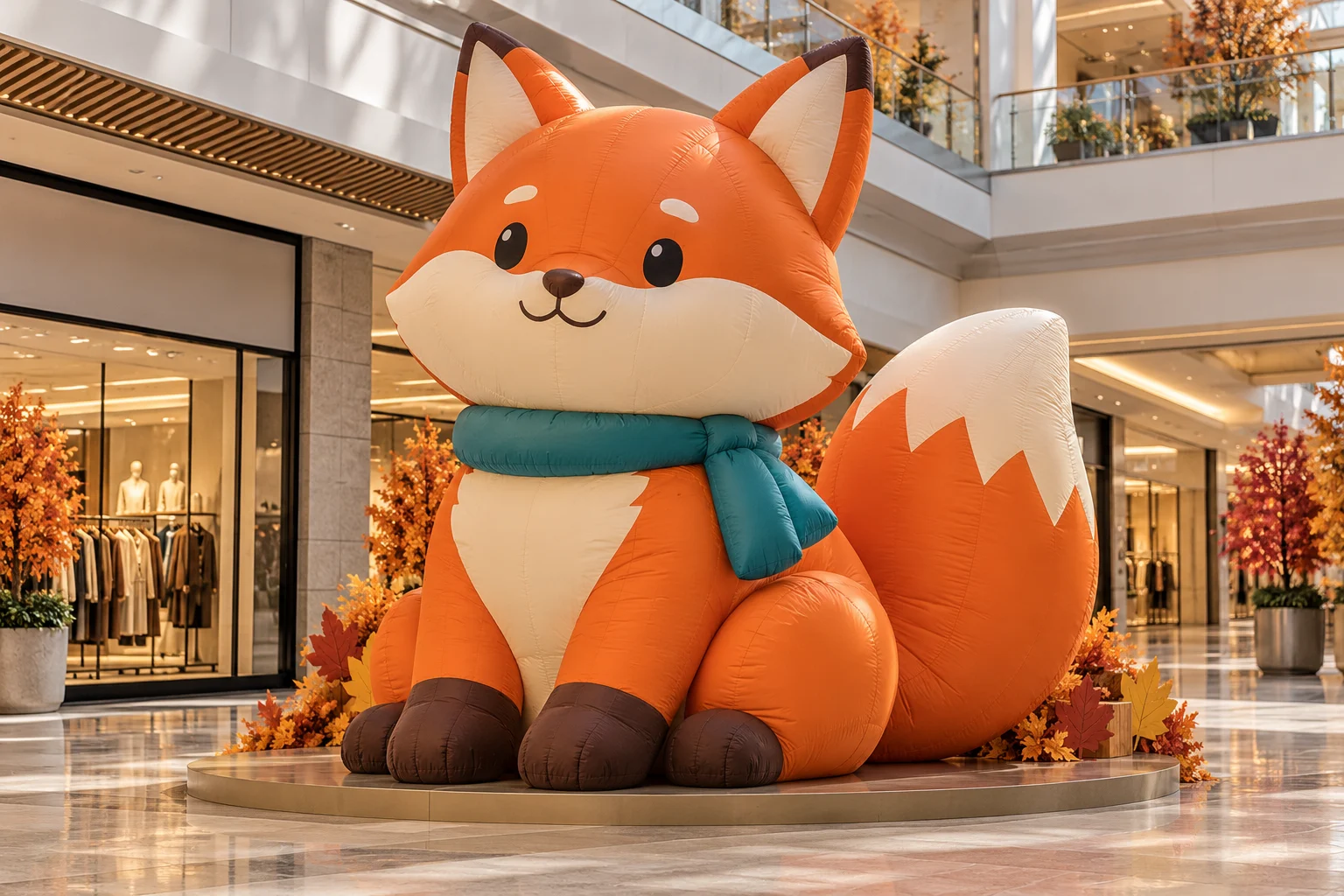 Full-body orange inflatable fox concept with a teal scarf for a seasonal retail display