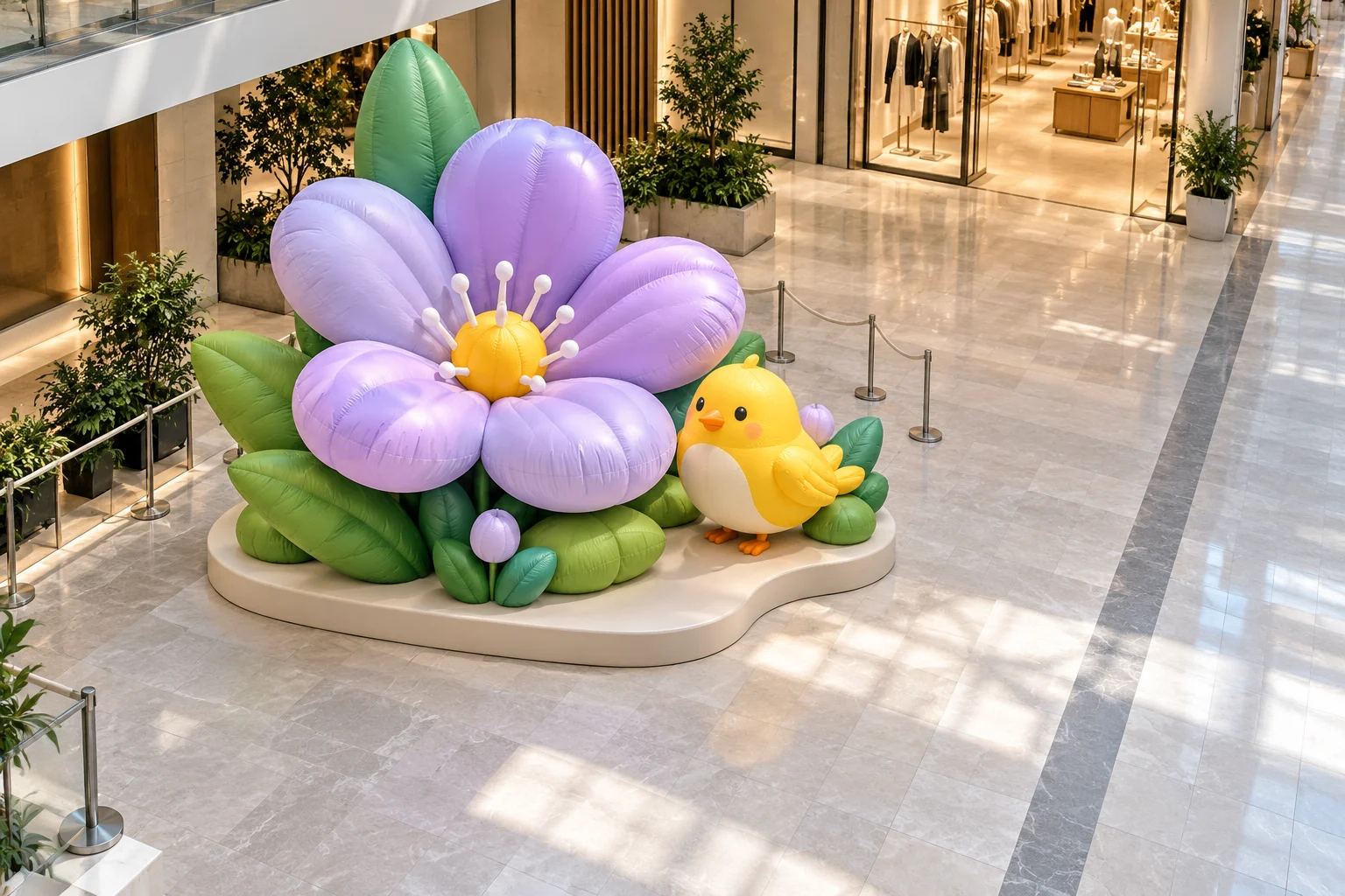 Planning concept of an inflatable flower and bird photo zone beside a clear mall walkway