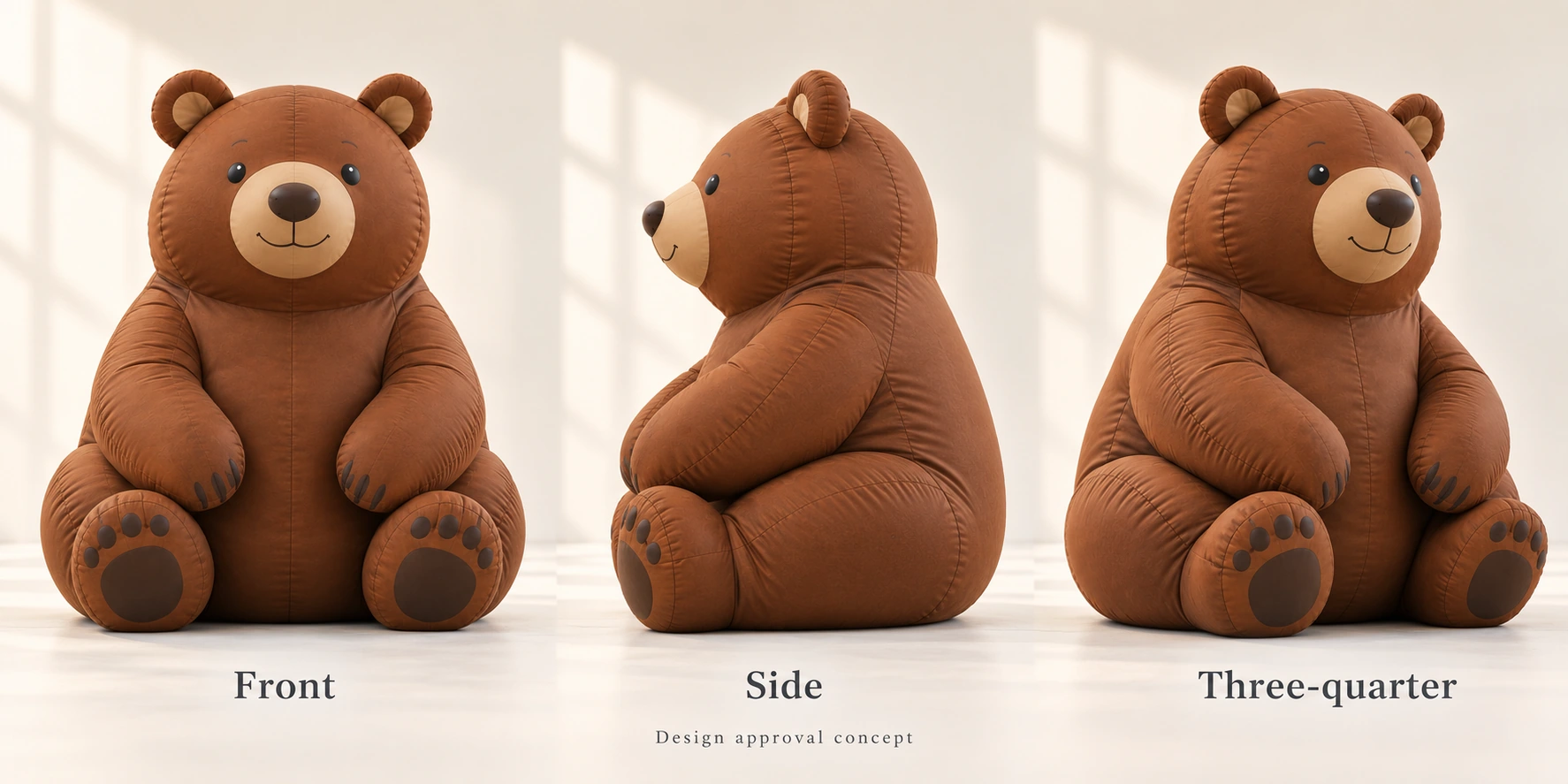 Front, side and three-quarter approval views of the same original stylized inflatable bear concept.