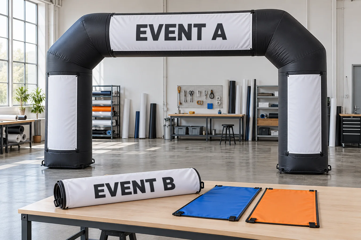 Charcoal inflatable arch with Event A header and a separate Event B replacement panel