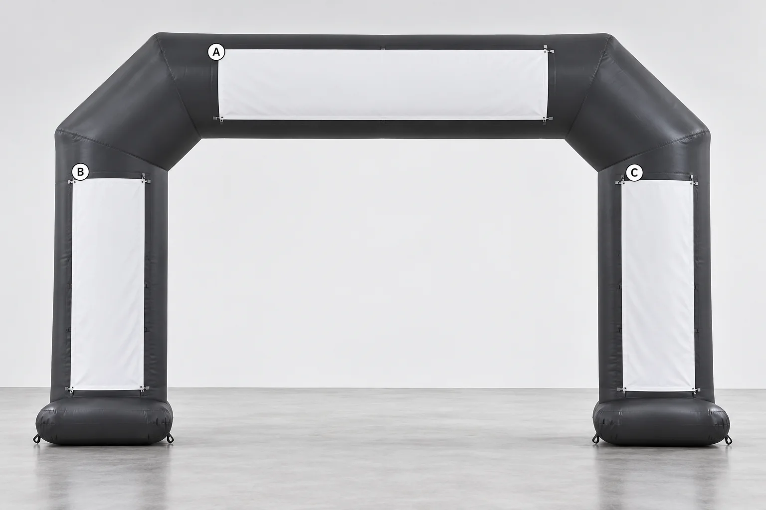 Header and two upright panel positions on a charcoal inflatable arch
