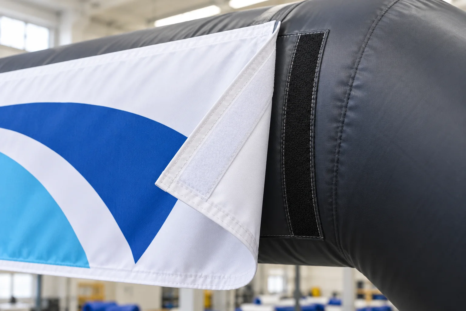 Removable fabric panel corner showing a conceptual hook-and-loop interface