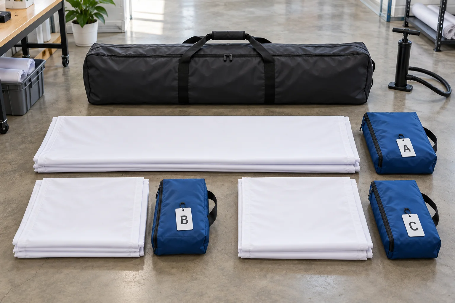 Folded sponsor panels beside individually identified storage pouches