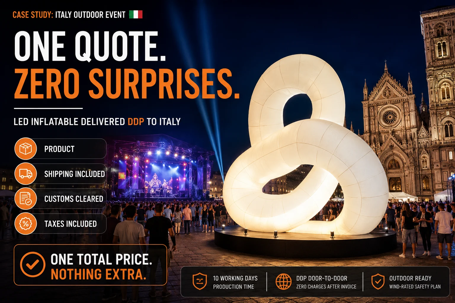 LED Inflatable Centerpiece with One-Number DDP Quote for an Italian Outdoor Event