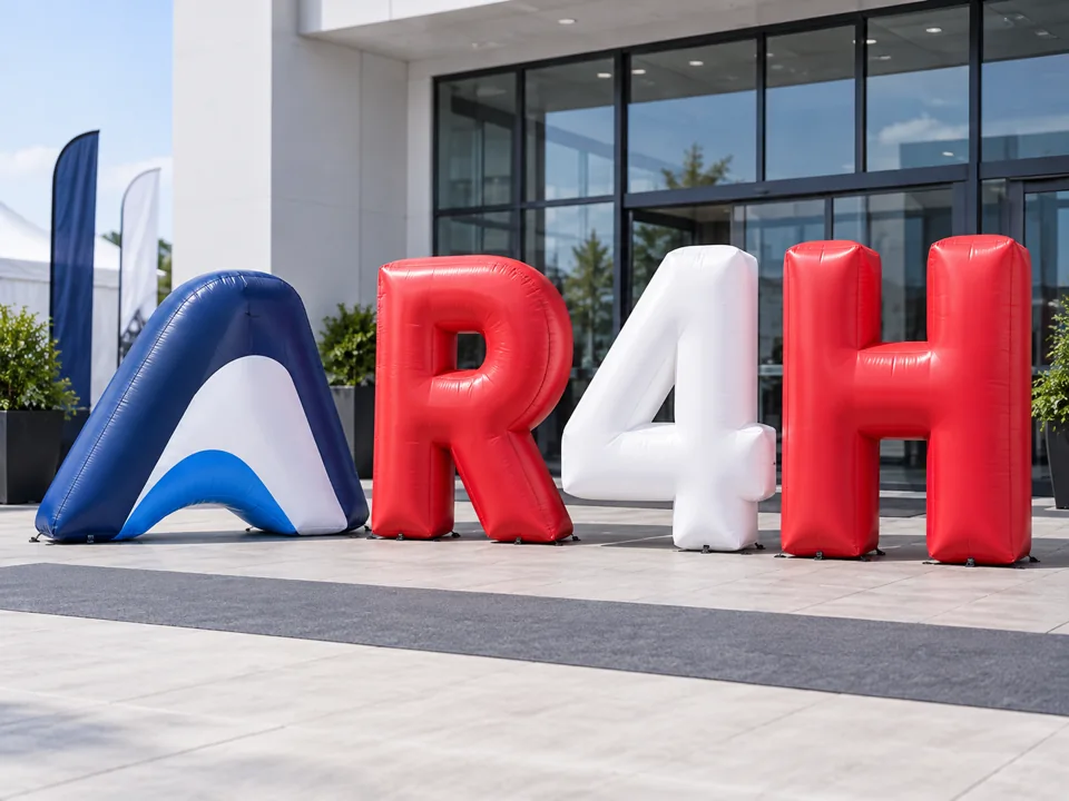 Concept illustration of freestanding inflatable letters and a separate logo sign