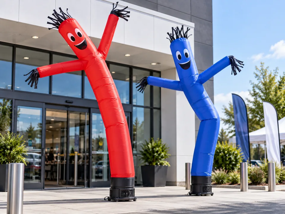 Concept illustration of red and blue inflatable tube men on blower bases