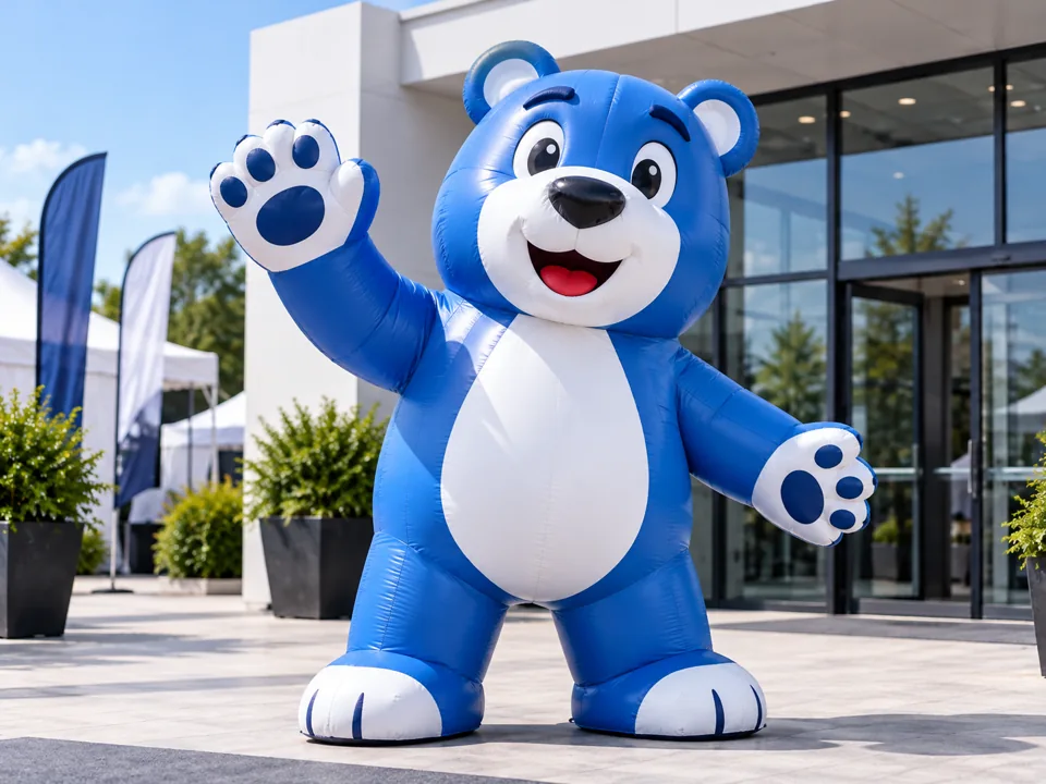 Concept illustration of a friendly blue bear inflatable event mascot