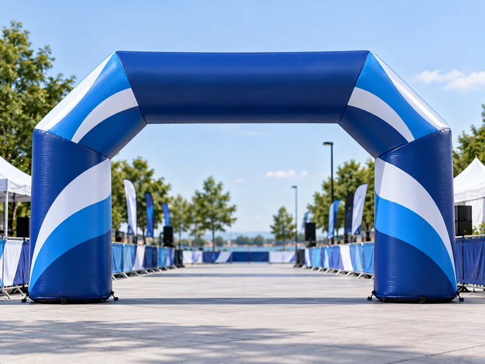 Concept illustration of a blue and white inflatable race entrance arch
