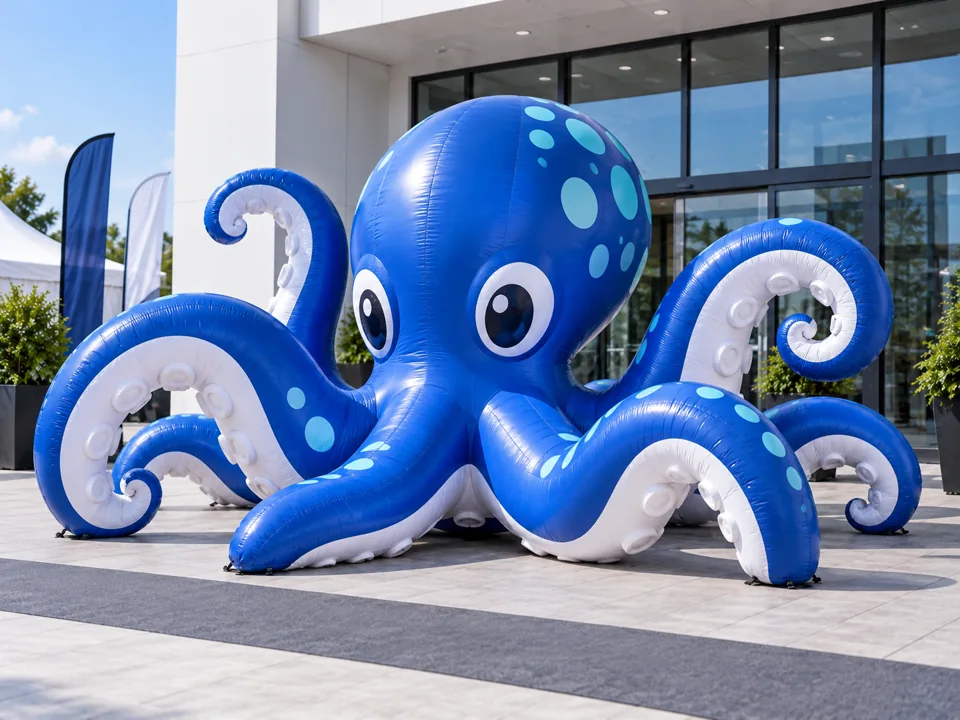 Concept illustration of a bespoke blue octopus inflatable display