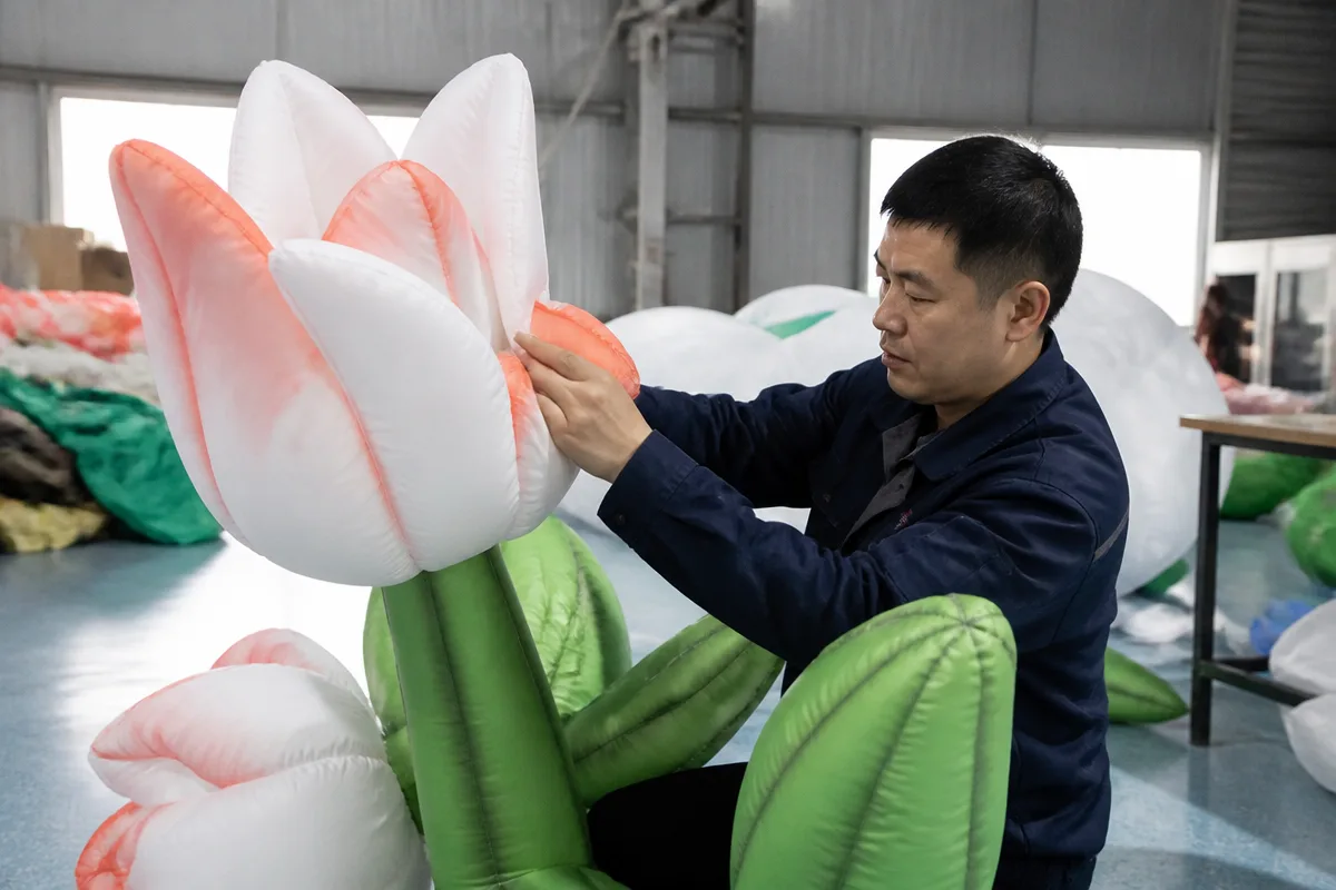 Worker examining petal seams and leaf connections on an inflatable floral display